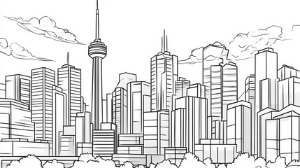 Obraz premium Cityscape sketch, Toronto skyline, daytime clouds, urban design, illustration