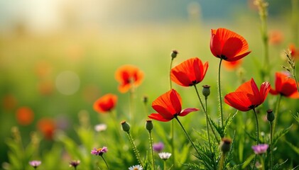 Obraz premium Poppies growing among tall grasses and other wildflowers, red poppies, nature