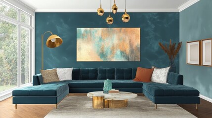 interior design, luxurious living room, teal walls, velvet teal sofa, gold pendant lights, large window, cloud painting artwork, minimalist decor, modern aesthetic, potted plant, natural light, high c