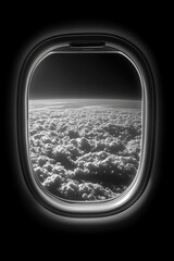 Serene Cloudscape View Through Airplane Window Captured in Black and White