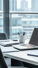 Modern Office Space with Laptop, Documents, and Pen Holder by Large Window Overlooking Cityscape