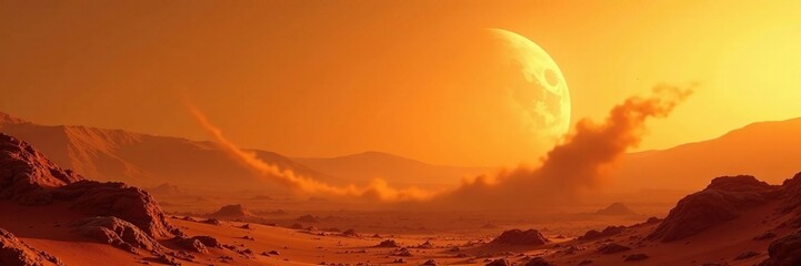 A lone dust devil twirls in the Martian sunset, orange glow, mars landscape, dust devil