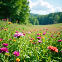 Fototapeta premium Dense thicket of hogweed amidst summer wildflowers, landscape, nature