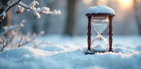 Hourglass buried in the snow with frosty branches above, , serene background