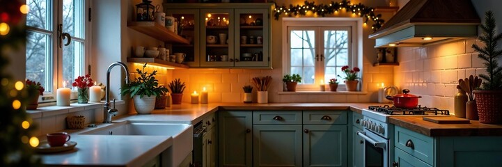 Fototapeta premium Holiday cottage kitchen with candles and festive decorations, holiday cottage, garland, winter wonderland