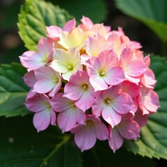 Naklejka premium Hydrangea flowers in shades of pink and white with golden yellow undertones, nature scenes, flower colors, fall blooms