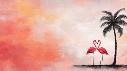 A painting of two flamingos standing next to a palm tree