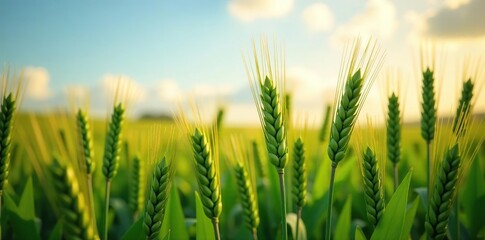Obraz premium Ripe barley stalks stretching towards the sky, leafy greens, autumn leaves