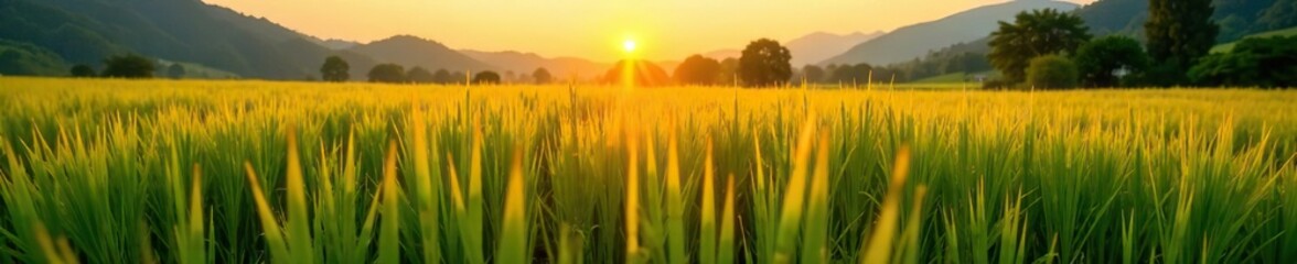 Sunlight casts a golden glow on the rice fields at dawn, rice fields, sunrise