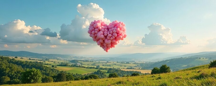 Majestic heart-shaped clouds float above the rolling hills and vast plains, soft, fluffy