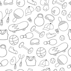 Doodle seamless pattern with different sports equipment on the white background. Hand drawn elements. 