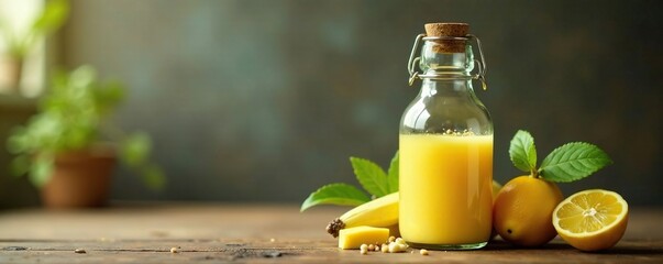 Dark glass bottle filled with pale yellow liquid, bottle, kitchen storage, natural
