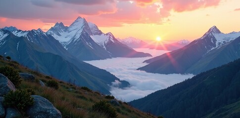 Misty mountains at dawn with snow-capped peaks and a warm sunrise glow, serene, nature
