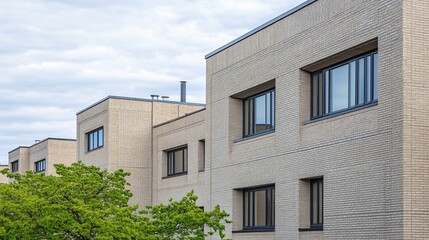 Modern Brick Apartment Building Exterior with Green Tree