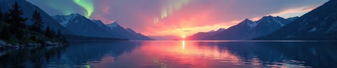 Naklejka premium Mountainous lake at sunset with aurora lights, tranquil, lake, nature