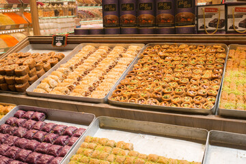 Traditional turkish sweets. Baklava assortment  in a market
