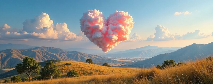 Majestic heart-shaped clouds float above the rolling hills and vast plains, soft, natural, plain