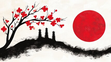 Obraz premium A painting of a tree with red flowers in front of a red sun