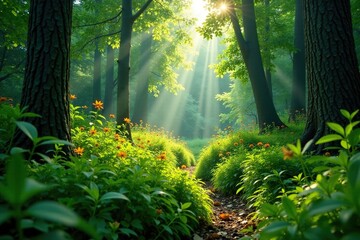 Obraz premium Tall grasses and shrubs growing in the understory of a dense forest with sunlight filtering through, wood, bark, leafy