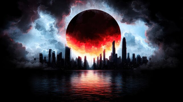 A city skyline with a red sun in the sky