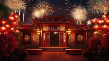 Fototapeta premium Festive fireworks over ornate chinese architecture celebrating tradition cultural event nighttime festive atmosphere