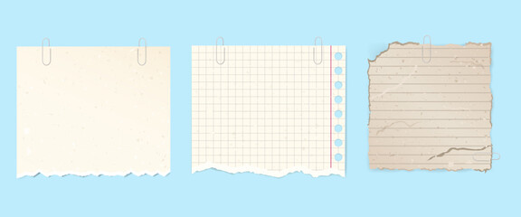 set of retro grunge stickers for notes, scraps of paper on a paper clip