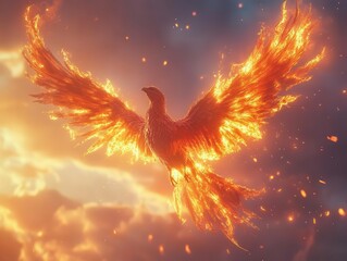 Obraz premium phoenix rising from sacred flames in mystical twilight, ancient spiritual bird of rebirth with majestic golden-red feathers spreading across ethereal sky