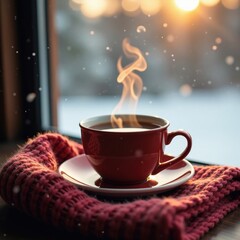 Steaming cup of hot tea on a knitted sweater with snowflakes gently falling outside in the background, winter, warm tones, snowfall