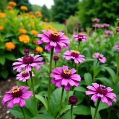 Obraz premium Plumed cockscomb in garden amidst lush greenery, bloomed flowers, plant borders, purple cockscomb flowers
