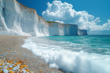 Photo r&eacute;aliste d&rsquo;une plage de galets et falaises blanches
