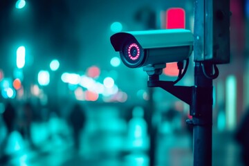 Surveillance camera mounted, nighttime city background.