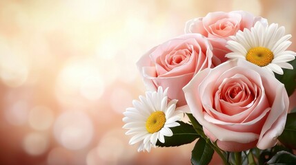 Obraz premium A bouquet of pink roses and white daisies in a vase