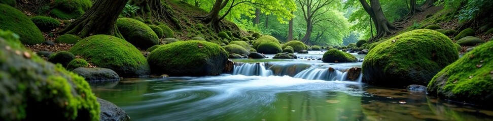 Quietly flowing water creates a soothing melody in a mossy mountain stream, tree, water, calm