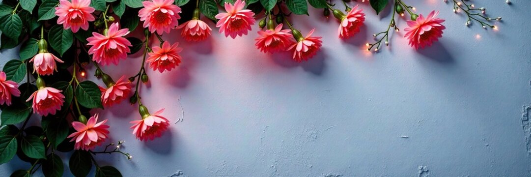 Velada de flores sobre pared blanca iluminada, night scene, white wall
