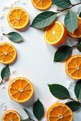 Flat lay of dried oranges and eucalyptus leaves on a snowy white surface, dried oranges, nature