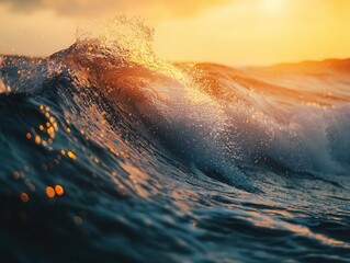 powerful ocean wave breaking at sunset with dynamic water movement and golden light creating dramatic seascape photography