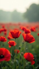 Red poppies in a field with a foggy background, landscape, red