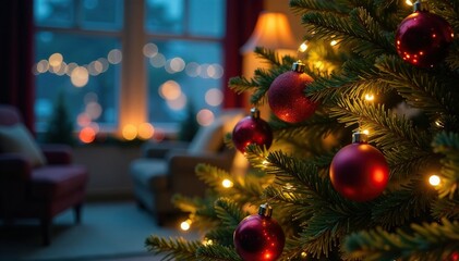 Twinkling lights around a festively decorated Christmas tree, merry and bright, festive atmosphere