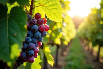 Naklejka premium Sunlight filters through grape leaves, illuminating delicate veins, vineyard, harvest, natural light