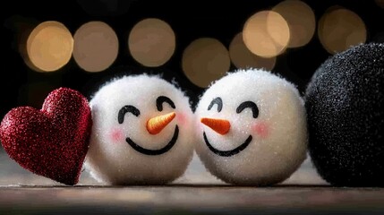 Obraz premium A couple of snowmen sitting next to each other with a red heart