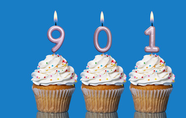 Birthday Cupcakes With Candles Lit Forming The Number 901