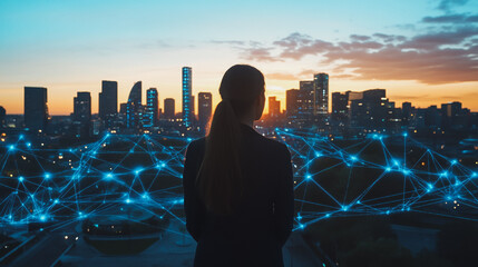 Fototapeta premium Abstract business woman stands on the peak of success amid tall, innovative Smart city and graphs with statistics to analyze business potential and predict future developments in company growth.