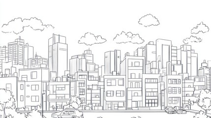 Cityscape sketch, urban skyline, cloudy day, street view, illustration