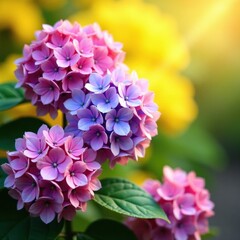 Fototapeta premium Hydrangea flowers in shades of pink and purple against a backdrop of yellow and golden hues, seasonal blooms, flower colors, garden scene