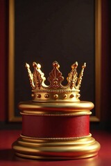 Luxurious golden crown placed on a high pedestal table, high, luxury, crown