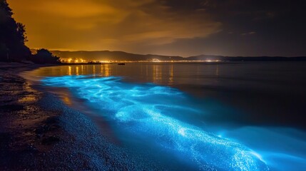Bioluminescent waves glow on a dark beach at night, city lights in background.