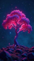 Sparkling futuristic tree with neon lights illuminates a dark space, lights, techno, futuristic