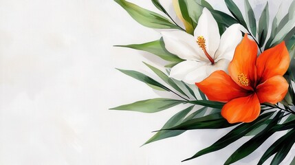 Fototapeta premium A painting of two white and orange flowers with green leaves