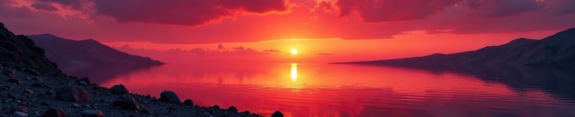 Fototapeta premium Volcanic ash settles on a crimson lake horizon as sunset falls, red, lava, orange