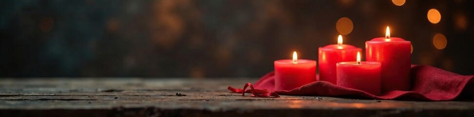 Black bokeh with red candles on a wooden table, tranquility, warm, ambiance
